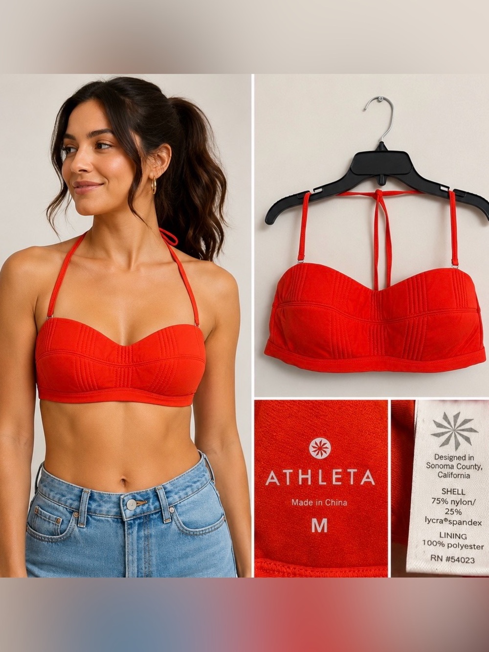 Athleta Women’s Red Bandeau Halter Bikini Top Adjustable Straps Padded Size M